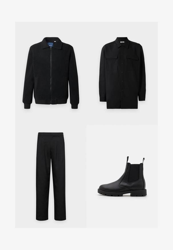 Giacca in pile nera con chiusura zip, colletto alto, polsini a coste e tasche laterali con superficie strutturata.; Camicia nera con bottoni realizzata in tessuto morbido, dotata di colletto classico, due tasche frontali e maniche lunghe con polsini a bottone.; Pantaloni neri realizzati in tessuto liscio, caratterizzati da un taglio dritto, due pieghe frontali e una vita standard con passanti per la cintura.; Stivali Chelsea neri in pelle texturizzata, con pannelli laterali elastici, linguette e suola in gomma spessa con battistrada.