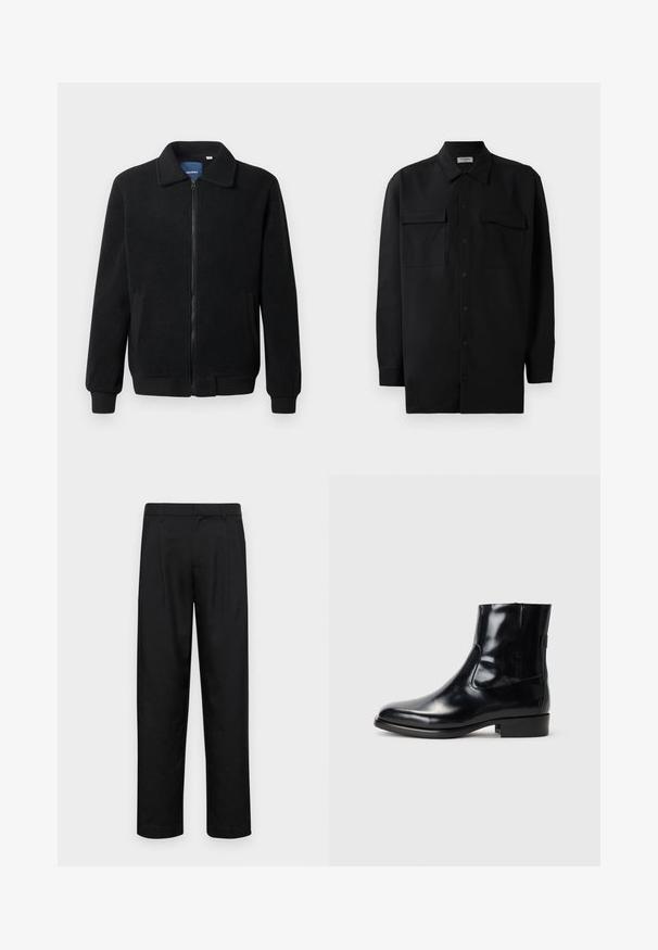 Musta fleece-takki, jossa on vetoketjulla suljettavat, pystykaulus, ribbireunat ja sivutaskut, joissa on teksturoitu pinta.; Musta napillinen paita, joka on valmistettu sileästä kankaasta. Paita sisältää klassisen kaulan, kaksi etutaskua ja pitkät hihat, joissa on nappivarat.; Mustat housut, jotka on valmistettu sileästä kankaasta, suoran lahkeen muotoilulla, kahdella etupleekillä ja tavanomaisella vyötäröllä, jossa on vyölenkit.; Mustat nahkaiset nilkkurit, jossa on kiiltävä pinta, tyylikäs muotoilu ja pyöreä kärki. Varusteena joustavat sivupaneelit ja matala lohkoehe.