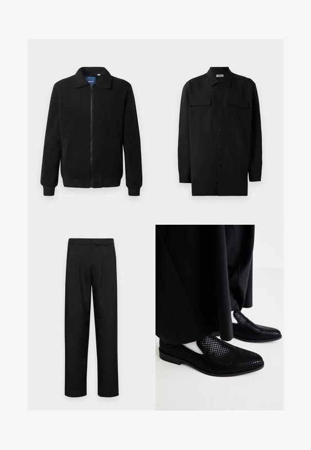 Chaqueta de forro polar negra con cierre de cremallera, cuello alzado, puños acanalados y bolsillos laterales con una superficie texturizada.; Camisa negra de botones, fabricada en tejido suave, con un cuello clásico, dos bolsillos delanteros y mangas largas con puños de botón.; Pantalones negros de tela suave, con un diseño de pierna recta, dos pliegues frontales y una cintura estándar con trabillas para el cinturón.; Zapatos slip-on negros perforados con suela plana y textura suave. Diseño minimalista con recortes laterales. Combinados con pantalones negros.
