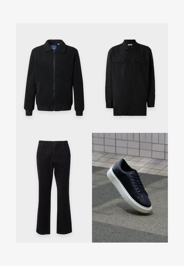 Čierna flísová bunda s uzáverom na zips, stojatým golierom, rebrovanými manžetami a bočnými vreckami s textúrovaným povrchom.; Čierna košeľa na gombíky vyrobená z hladkej tkaniny, so klasickým golierom, dvoma prednými vreckami a dlhými rukávmi s gombíkovými manžetami.; Čierne kordové nohavice s rozšíreným spodkom, so zapínaním na prednom gombíku a štandardnými vrecami na praktické využitie. Hladký povrch s vertikálnymi rebra.; Čierne kožené tenisky s okrúhlou špičkou a bielou gumovou podrážkou. Majú ploché šnúrky a minimálne šitie na vrchu. Textúrovaná podrážka pre lepšiu priľnavosť.