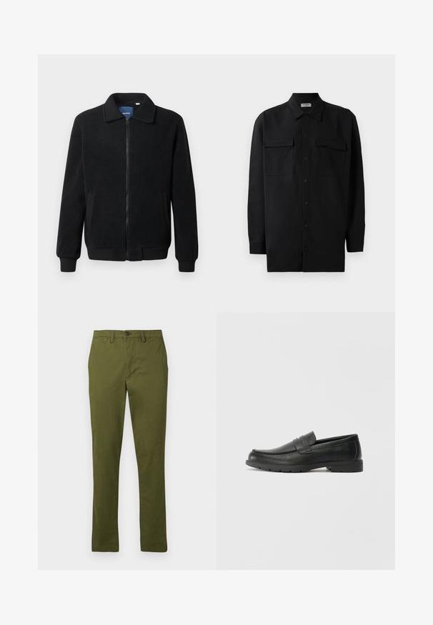 Black fleece jacket featuring a zip closure, stand collar, ribbed cuffs, and side pockets with a textured surface.; Black button-up shirt made of smooth fabric, featuring a classic collar, two front pockets, and long sleeves with button cuffs.; Olive green cotton trousers, straight leg design, button closure, featuring belt loops and side pockets, smooth texture, no patterns.; Black leather loafers with a smooth finish, moccasin-style upper, stitched detailing, and a rubber sole. Classic design with a low heel.