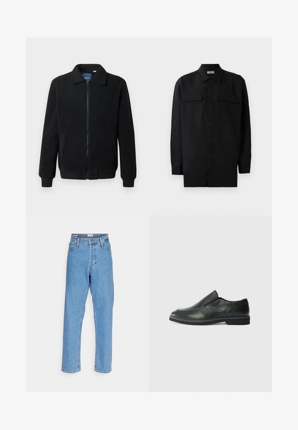 Črna flis jakna z zadrgo, stoječim ovratnikom, rebrastimi zapestji in stranskimi žepi s teksturirano površino.; Črn srajčni zgornji del iz gladkega materiala, s klasičnim ovratnikom, dvema sprednjima žepoma in dolgimi rokavi z gumbi na manšetah.; Svijetloplave traperice visokog struka sa ravnim nogavicama, prednjim dugmetom, zatvaranjem na patentni zatvarač, petljama za remen i dizajnom s pet džepova na bijeloj pozadini.; Črne usnjene natikače z gladkim zgornjim delom, prišitimi detajli, zaobljenim nosom in nizkim gumijastim petkom. Podplat ima minimalen profil.