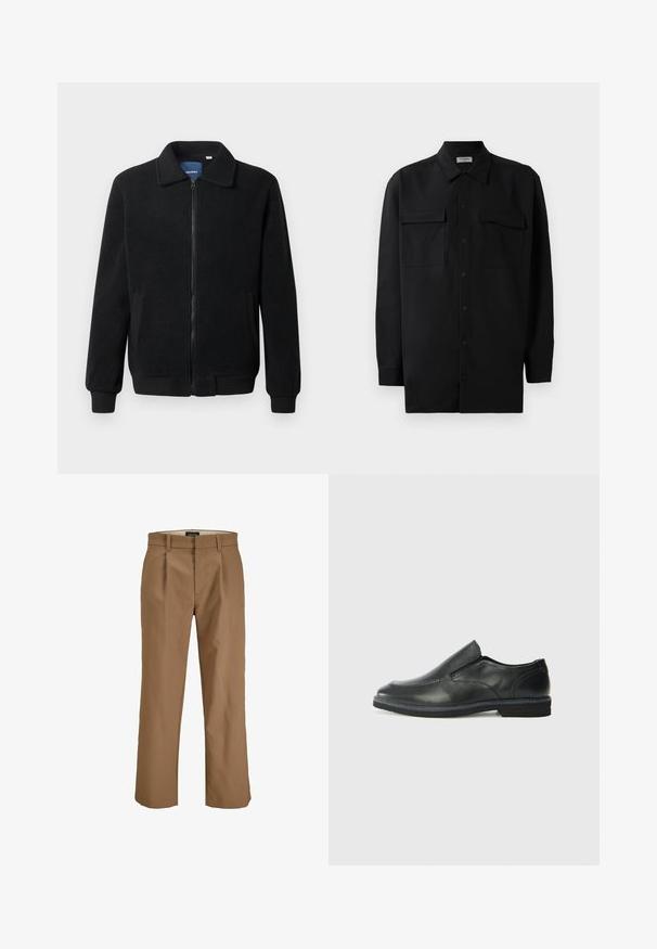Black fleece jacket featuring a zip closure, stand collar, ribbed cuffs, and side pockets with a textured surface.; Black button-up shirt made of smooth fabric, featuring a classic collar, two front pockets, and long sleeves with button cuffs.; Brown trousers made of a smooth fabric, featuring a straight cut, pleats at the front, and belt loops. No visible patterns or accents.; Black leather slip-on shoe with a smooth upper, stitched accents, rounded toe, and a low rubber heel. Sole features minimal tread.