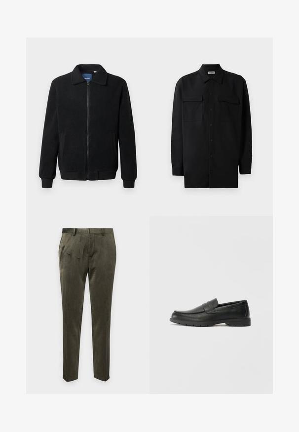Melnā vilnas jaka ar rāvējslēdzēju, stāvošu apkakli, ribotām piedurknēm un sānu kabatām ar teksturētu virsmu.; Melnā pogu krekla, kas izgatavota no gludas auduma, ar klasisku apkakli, divām priekšējām kabatām un garām piedurknēm ar pogu aprocēm.; Oluva zaļas bikses, izgatavotas no mīksta auduma ar gludu tekstūru. Raksturīga pielāgota jeb piegriezta piegrieze un diskrēta krokas detaļa priekšpusē.; Melnas ādas loafers ar gludu apdari, mokasīnu stila augšdaļu, šūtu detalizāciju un gumijas zoli. Klasisks dizains ar zemu papēdi.