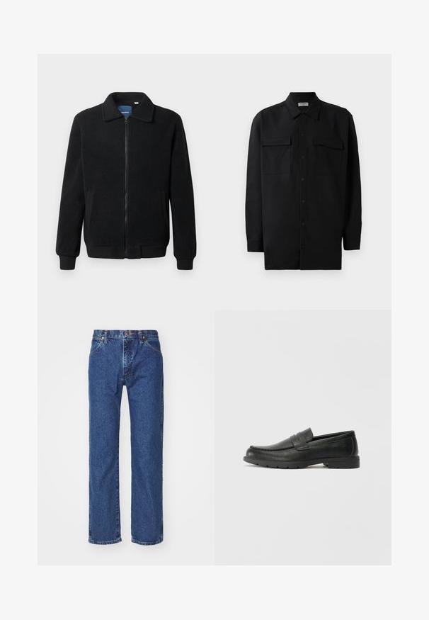 Black fleece jacket featuring a zip closure, stand collar, ribbed cuffs, and side pockets with a textured surface.; Black button-up shirt made of smooth fabric, featuring a classic collar, two front pockets, and long sleeves with button cuffs.; Straight-leg blue denim jeans with front button, zipper, belt loops, and five-pocket design on a plain white background.; Black leather loafers with a smooth finish, moccasin-style upper, stitched detailing, and a rubber sole. Classic design with a low heel.