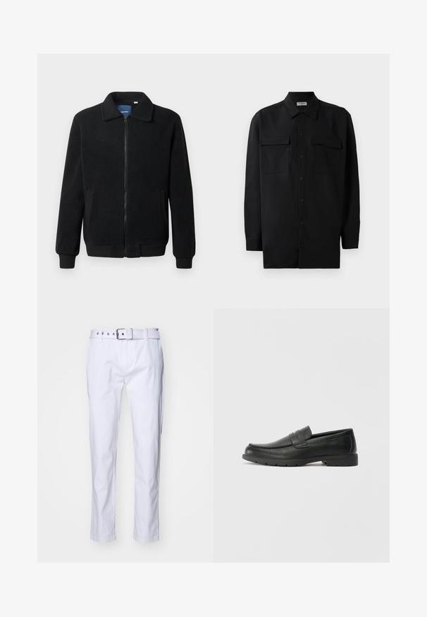 Musternahk fleece-jakk musternahaga, tõmblukk, seisev kaelus, soonikkoes varrukad ja küljetaskud tekstuurse pinnaga.; Mustmust värvi nööpidega särk, mis on valmistatud sujuvast kangast, klassikalise kraega, kahe eesmise tasku ja pikkade varrukatega, millel on nööpidega mansetid.; Valged puuvillased püksid sirge lõikega, millel on tekstuuriga kangas, vööaugu silmad ja sobiv vöö hõbedaste detailidega.; Musthave nahkkingad siledast nahast, mokassiini stiilis ülevalt, tikanditega ja kummist tallaga. Klassikaline disain madala kontsaga.