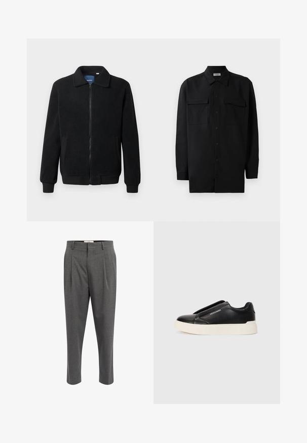 Chaqueta de forro polar negra con cierre de cremallera, cuello alzado, puños acanalados y bolsillos laterales con una superficie texturizada.; Camisa negra de botones, fabricada en tejido suave, con un cuello clásico, dos bolsillos delanteros y mangas largas con puños de botón.; Pantalones grises ajustados con un tejido texturizado, que presentan plisados, un diseño de pierna recta y pasadores para cinturón. Sin hardware ni acentos visibles.; Zapatillas negras sin cordones con parte superior de cuero texturizado, suela de goma blanca y sin cordones visibles. Presenta el logo de la marca en el costado.