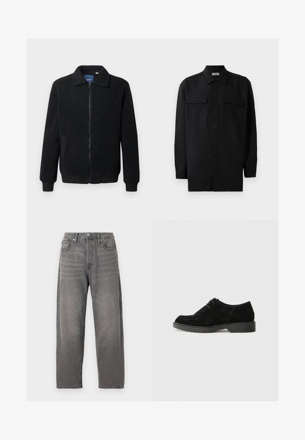 Zwarte fleece jas met een ritssluiting, staande kraag, ribgebreide manchetten en zijzakken met een textuur.; Zwarte button-up shirt gemaakt van gladde stof, met een klassieke kraag, twee voorzakken en lange mouwen met knopenmanchetten.; Grijze denim jeans met een ruime pasvorm, rechte pijpen, vijf-pocket ontwerp en metalen knoopsluiting. Kenmerkt zich door een vervaagde textuur en subtiele stiksels.; Zwarte suède modelschoen met een ronde neus, contrasterende stiksels en een rubberen zool. Kenmerkt zich door minimale veters en een glad bovenwerk.
