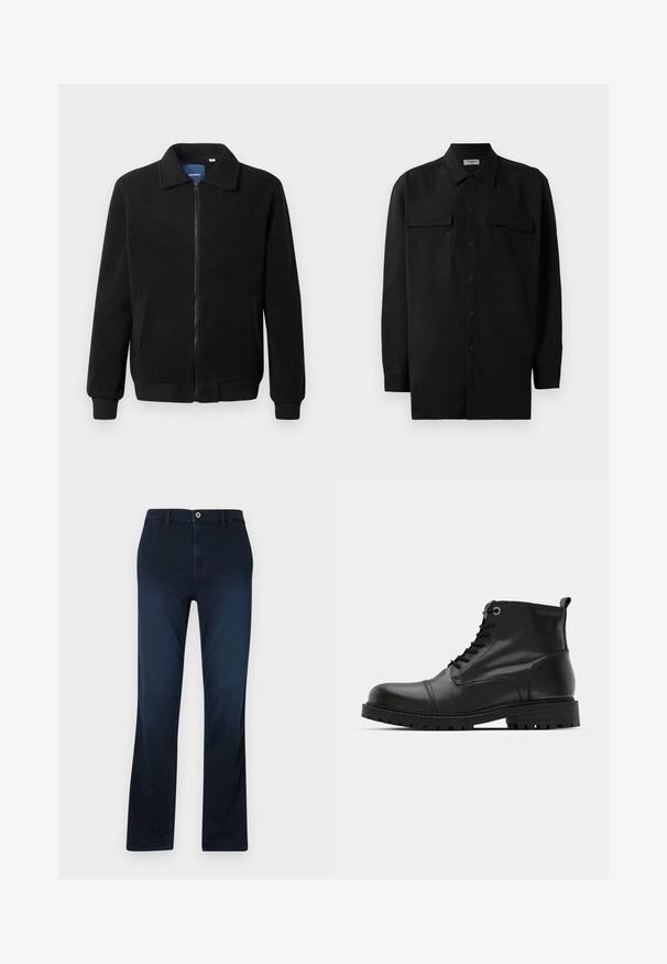 Črna flis jakna z zadrgo, stoječim ovratnikom, rebrastimi zapestji in stranskimi žepi s teksturirano površino.; Črn srajčni zgornji del iz gladkega materiala, s klasičnim ovratnikom, dvema sprednjima žepoma in dolgimi rokavi z gumbi na manšetah.; Mornarsko modre naravnost krojene hlače, narejene iz džinsa, z zadrgo, passom za pas in eno sprednjo žepom z kontrastnimi šivi.; Črne usnjene gležnjarje s okroglo noskom, z vezalkami, kontrastnimi sivimi očesi in trpežnim gumijastim podplatom. Gladka textura z minimalnimi akcenti.