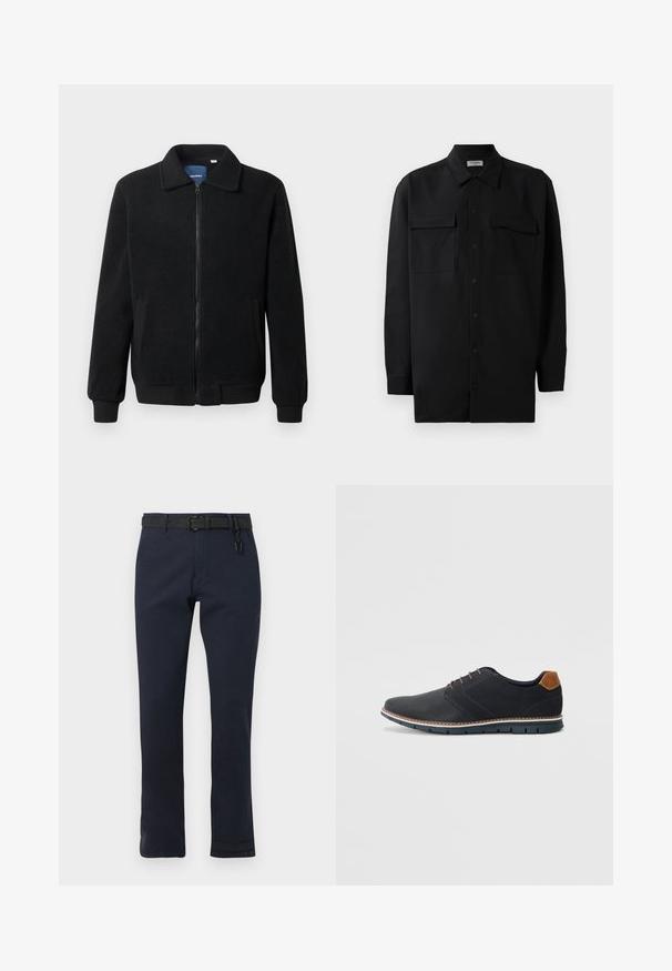 Czarna polarowa kurtka z zamkiem błyskawicznym, stójką, ściągaczami przy mankietach oraz bocznymi kieszeniami o teksturowanej powierzchni.; Czarna koszula z guzikami wykonana z gładkiego materiału, z klasycznym kołnierzykiem, dwoma przednimi kieszeniami i długimi rękawami z mankietami na guziki.; Granatowe spodnie o prostym kroju, wykonane z trwałego materiału. Posiadają czarny pasek i prosty design bez wzorów.; Czarne syntetyczne buty z fakturowaną cholewką, gładkimi akcentami, brązowym obcasem i kontrastującą podeszwą. Charakteryzują się minimalnym sznurowaniem i detalami w szwach.