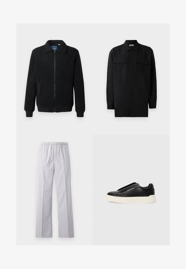 Black fleece jacket featuring a zip closure, stand collar, ribbed cuffs, and side pockets with a textured surface.; Black button-up shirt made of smooth fabric, featuring a classic collar, two front pockets, and long sleeves with button cuffs.; Light gray, wide-leg pants with an elastic waistband, made from a smooth, woven fabric. Features neatly pressed creases down the front.; Black slip-on sneaker with textured leather upper, white rubber sole, and no visible laces. Features brand logo on the side.