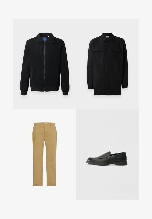 Black fleece jacket featuring a zip closure, stand collar, ribbed cuffs, and side pockets with a textured surface.; Black button-up shirt made of smooth fabric, featuring a classic collar, two front pockets, and long sleeves with button cuffs.; Khaki chinos made of cotton, featuring a straight-leg design, button closure, and classic four-pocket style. Smooth texture and minimal stitching.; Black leather loafers with a smooth finish, moccasin-style upper, stitched detailing, and a rubber sole. Classic design with a low heel.