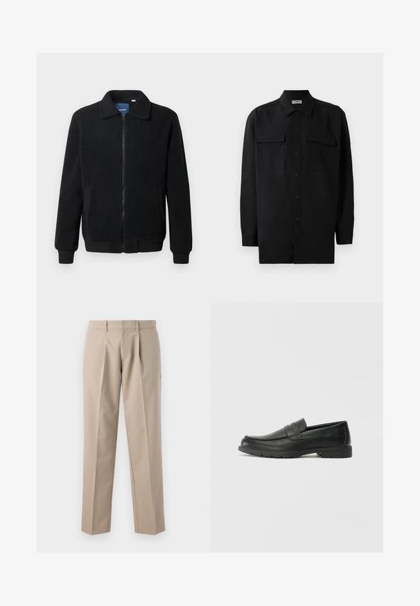 Čierna flísová bunda s uzáverom na zips, stojatým golierom, rebrovanými manžetami a bočnými vreckami s textúrovaným povrchom.; Čierna košeľa na gombíky vyrobená z hladkej tkaniny, so klasickým golierom, dvoma prednými vreckami a dlhými rukávmi s gombíkovými manžetami.; Béžové nohavice so štandardným strihom, s prednými záhybmi, hladkou textúrou a klasickým pásom s pútkami na opasok.; Čierne kožené mokasíny s hladkým povrchom, vrchnou časťou v štýle mokasín, prešitým detailom a gumovou podrážkou. Klasický dizajn s nízkym podpätkom.
