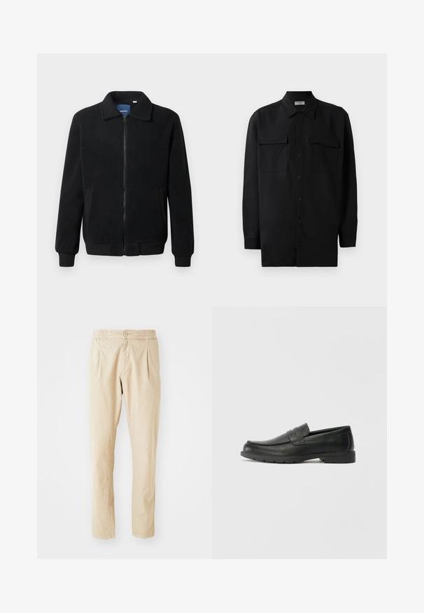 Juodas fliso džemperis su užtrauktuku, stovinčia apykakle, gumuotais rankogaliais ir šoninėmis kišenėmis, turinčiomis tekstūruotą paviršių.; Juodas marškinis su mygtukais, pagamintas iš lygaus audinio, turi klasikinius apykaklės, du priekiniai kišeniai ir ilgus rankovės su mygtukais.; Bežinės kelnės su šiek tiek tekstūruota medžiaga, turinčios elastingą juosmenį, mygtuko užsegimą ir dvi priekinės raukšles papildomam tūriui.; Juodai odiniai loaferiai su sklandžiu paviršiumi, mokasino stiliaus viršus, siuvinėjimu ir guminėmis padangomis. Klasikinis dizainas su žemu kulnu.