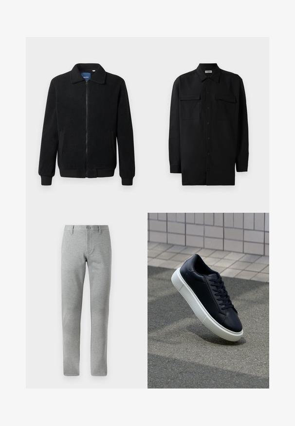 Melnā vilnas jaka ar rāvējslēdzēju, stāvošu apkakli, ribotām piedurknēm un sānu kabatām ar teksturētu virsmu.; Melnā pogu krekla, kas izgatavota no gludas auduma, ar klasisku apkakli, divām priekšējām kabatām un garām piedurknēm ar pogu aprocēm.; Pelēki taisni bikses, izgatavotas no struktūrizēta auduma. Aprīkotas ar pogu aizdari, jostas cilpām un sānu kabatām funkcionalitātes nodrošināšanai.; Melnas ādas kedas ar noapaļotu pirkstu un baltu gumijas zoli. Iespējas - plakanas šņorītes un minimāla apdare augšdaļā. Struktūrēta zole, lai nodrošinātu saķeri.
