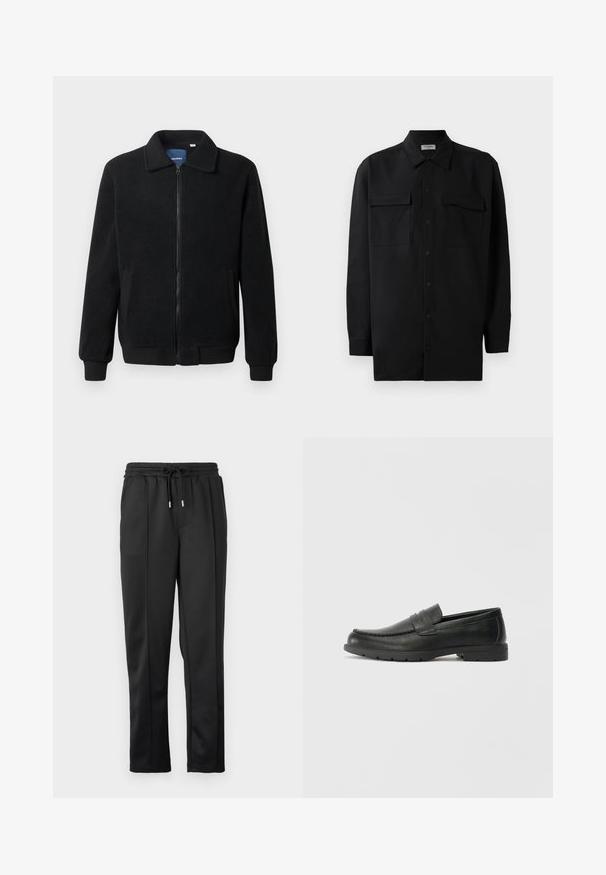 Casaco de polar preto com fecho de correr, gola alta, punhos canelados e bolsos laterais com uma superfície texturizada.; Camisa preta de botão, feita de um tecido suave, com golas clássicas, dois bolsos frontais e mangas longas com punhos abotoados.; Calças de treino pretas com um cós ajustável por cordão, punhos elásticos e tecido liso com detalhes discretos nas laterais. Sem hardware visível.; Sapatos mocassins de couro preto com acabamentos lisos, parte superior em estilo mocassins, detalhes em costura e sola de borracha. Design clássico com um salto baixo.