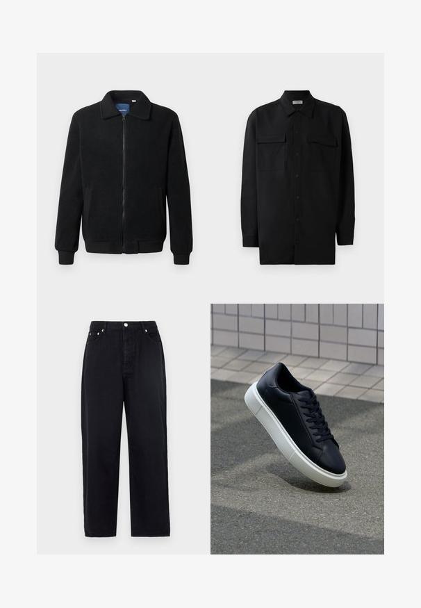 Črna flis jakna z zadrgo, stoječim ovratnikom, rebrastimi zapestji in stranskimi žepi s teksturirano površino.; Črn srajčni zgornji del iz gladkega materiala, s klasičnim ovratnikom, dvema sprednjima žepoma in dolgimi rokavi z gumbi na manšetah.; Črne široke jeans hlače iz denima. Imajo sprednje zapiranje na gumb, dve stranski žepi in klasičen 5-žepni dizajn. Gladka tekstura.; Črne usnjene superge z zaobljenim prstom in belim gumijastim podplat. Imajo ravne vezalke in minimalno šivanje na zgornjem delu. Teksturirani podplat za oprijem.