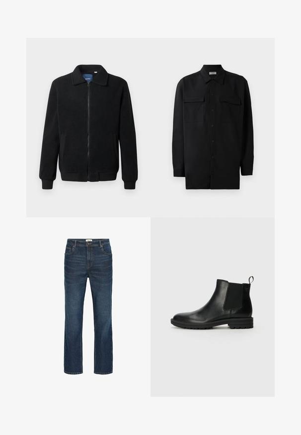 Crni flis jakna s zatvaranjem na zip, stojećim ovratnikom, rebrastim manžetama i bočnim džepovima s teksturiranom površinom.; Crna košulja s dugim rukavima od glatkog materijala, s klasičnom kragnom, dva prednja džepa i dugmadima na manžetama.; Tamno plave traperice ravnog kroja, s pet džepova, kontrastnim šavovima i pojasom s metalnim gumbom i petljama za remen.; Jack & Jones JFWHOSKINS - Klasične gležnjače - anthracite