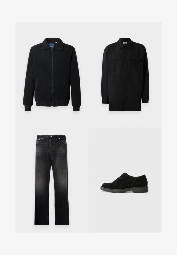 Casaco de polar preto com fecho de correr, gola alta, punhos canelados e bolsos laterais com uma superfície texturizada.; Camisa preta de botão, feita de um tecido suave, com golas clássicas, dois bolsos frontais e mangas longas com punhos abotoados.; Jeans de ganga pretos com um corte reto, apresentando um efeito degradé desbotado, design de cinco bolsos e detalhes em metal.; Sapato social de camurça preto com bico arredondado, costura contrastante e sola de borracha. Apresenta um sistema de atilho minimalista e um design superior suave.