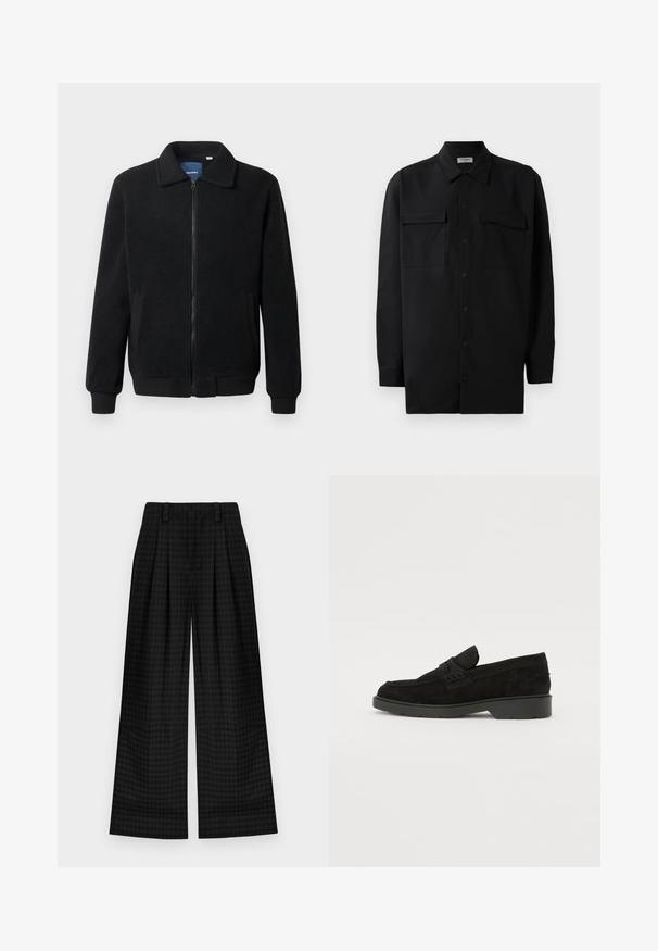 Black fleece jacket featuring a zip closure, stand collar, ribbed cuffs, and side pockets with a textured surface.; Black button-up shirt made of smooth fabric, featuring a classic collar, two front pockets, and long sleeves with button cuffs.; Black checkered wide-leg trousers with pleats, featuring a smooth texture and classic design. Lightweight fabric for comfort.; Black suede loafers with a low heel, featuring a simple band across the upper and textured detailing along the sides.