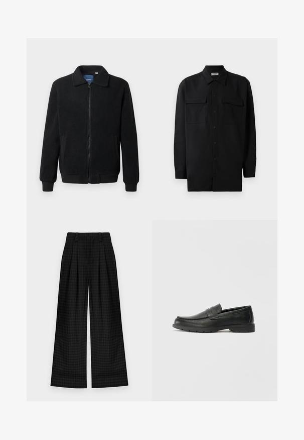 Casaco de polar preto com fecho de correr, gola alta, punhos canelados e bolsos laterais com uma superfície texturizada.; Camisa preta de botão, feita de um tecido suave, com golas clássicas, dois bolsos frontais e mangas longas com punhos abotoados.; Calças largas de cuadros pretos com pregas, apresentando uma textura suave e um design clássico. Tecido leve para conforto.; Sapatos mocassins de couro preto com acabamentos lisos, parte superior em estilo mocassins, detalhes em costura e sola de borracha. Design clássico com um salto baixo.