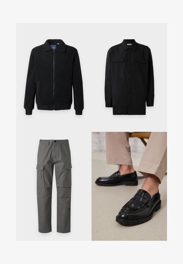 Crni flis jakna s zatvaranjem na zip, stojećim ovratnikom, rebrastim manžetama i bočnim džepovima s teksturiranom površinom.; Crna košulja s dugim rukavima od glatkog materijala, s klasičnom kragnom, dva prednja džepa i dugmadima na manžetama.; Sive hlače od čvrstog materijala, s ravnim krojem, višestrukim bočnim džepovima i vidljivim šavnim detaljima.; Crne kožne mokasine s glatkom obradom, koje imaju dekorativnu traku i kontrastnu šav, u kombinaciji s bež hlačama.