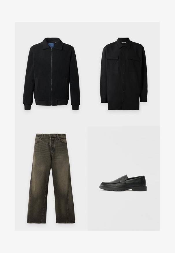 Jachetă din fleece neagră, cu închidere prin fermoar, guler înalt, manșete ribbate și buzunare laterale cu o suprafață texturată.; Cămașă neagră cu nasturi, confecționată dintr-un material neted, având un guler clasic, două buzunare frontale și mâneci lungi cu manșete cu nasturi.; Jeans negri decolorati, cu talie înaltă și picioare largi, cu închidere prin buton și fermoar în față, și buzunare standard în față.; Labeled cu oglindă din piele neagră cu un finisaj neted, partea superioară în stil mocasin, detalii cusute și o talpă din cauciuc. Design clasic cu un toc jos.