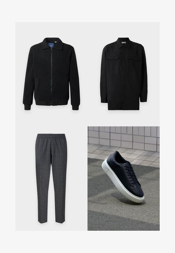 Crni flis jakna s zatvaranjem na zip, stojećim ovratnikom, rebrastim manžetama i bočnim džepovima s teksturiranom površinom.; Crna košulja s dugim rukavima od glatkog materijala, s klasičnom kragnom, dva prednja džepa i dugmadima na manžetama.; Sive karirane hlače s elastičnim pojasom i suženim nogavicama, izrađene od teksturirane tkanine s suptilnim uzorkom.; Crne kožne tenisice s zaobljenim vrhom i bijelim gumiranim potplatom. Imaju ravne vezice i minimalno šivanje na gornjem dijelu. Teksturirani potplat za bolje prianjanje.