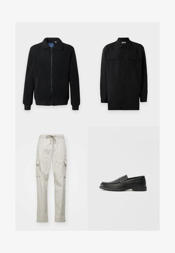 Schwarze Fleecejacke mit Reißverschluss, Stehkragen, gerippten Bündchen und seitlichen Taschen mit strukturiertem Oberflächenmaterial.; Schwarzes Hemd mit Knopfleiste aus glattem Stoff, das einen klassischen Kragen, zwei Brusttaschen und lange Ärmel mit Knopfmanschetten aufweist.; Helle beige Cargo-Hosen mit einem elastischen Bund, Kordelzug und zwei seitlichen Cargo-Taschen. Hergestellt aus einem leichten, glatten Stoff.; Schwarze Lederloafers mit glatter Oberfläche, Mokassin-oberteil, genähten Details und Gummisohle. Klassisches Design mit niedrigem Absatz.