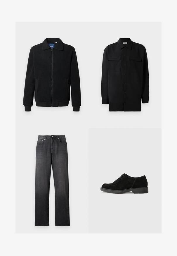 Juodas fliso džemperis su užtrauktuku, stovinčia apykakle, gumuotais rankogaliais ir šoninėmis kišenėmis, turinčiomis tekstūruotą paviršių.; Juodas marškinis su mygtukais, pagamintas iš lygaus audinio, turi klasikinius apykaklės, du priekiniai kišeniai ir ilgus rankovės su mygtukais.; Juodos aukšto juosmens tiesios kojų džinsai su priekiniais mygtukais ir užtrauktuku, dviem priekinėmis kišenėmis ir subtiliu nusidėvėjimo akcentu.; Juodas zomšinis suknelės batelis su apvaliu nosiu, kontrastingomis siūlėmis ir guminiais padais. Jame minimalus raištelis ir lygus viršus.