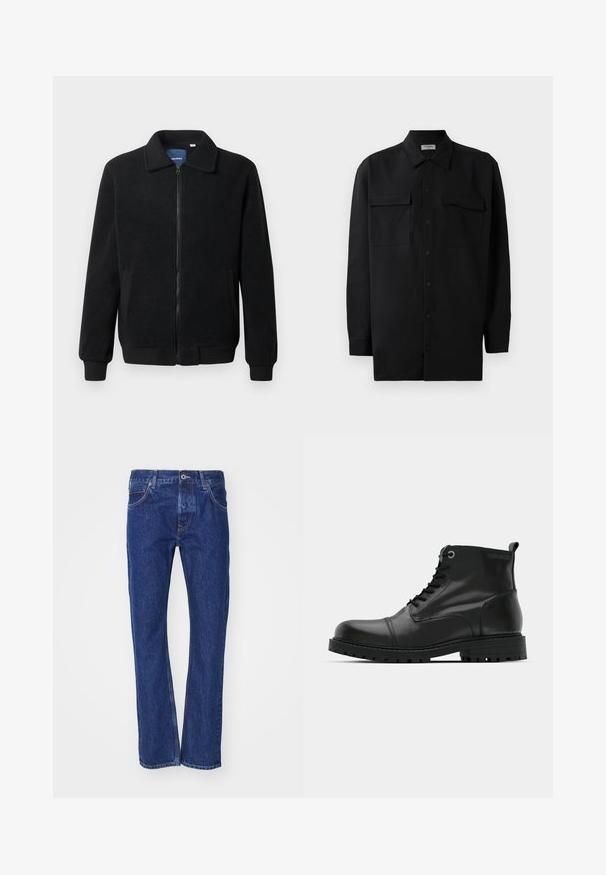 Musternahk fleece-jakk musternahaga, tõmblukk, seisev kaelus, soonikkoes varrukad ja küljetaskud tekstuurse pinnaga.; Mustmust värvi nööpidega särk, mis on valmistatud sujuvast kangast, klassikalise kraega, kahe eesmise tasku ja pikkade varrukatega, millel on nööpidega mansetid.; Sinine denimist teksad sirge lõikega, millel on esipockets, nööbikinnitusega ja peened õmbluse detailid.; Mustad mustad naha pahklu kõrged saapad, ümmarguse varbaga, nöörimise disainiga, kontrastsete hallide silmadega ja tugeva kummist välispõhjaga. Sile tekstuur minimaalse aktsentidega.