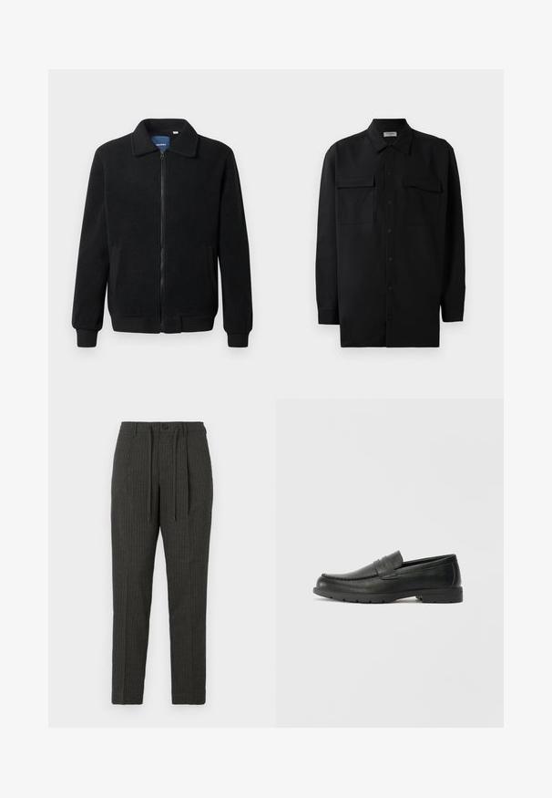 Casaco de polar preto com fecho de correr, gola alta, punhos canelados e bolsos laterais com uma superfície texturizada.; Camisa preta de botão, feita de um tecido suave, com golas clássicas, dois bolsos frontais e mangas longas com punhos abotoados.; Calças listradas cinza-escuras com um corte afunilado, apresentam um fecho de botão e uma cintura com cordão, compostas por um tecido texturizado.; Sapatos mocassins de couro preto com acabamentos lisos, parte superior em estilo mocassins, detalhes em costura e sola de borracha. Design clássico com um salto baixo.