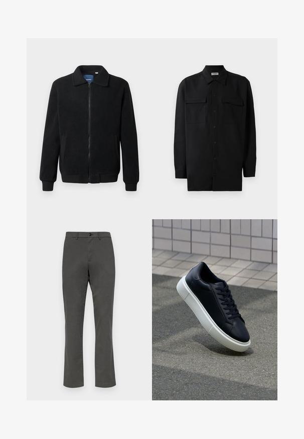 Črna flis jakna z zadrgo, stoječim ovratnikom, rebrastimi zapestji in stranskimi žepi s teksturirano površino.; Črn srajčni zgornji del iz gladkega materiala, s klasičnim ovratnikom, dvema sprednjima žepoma in dolgimi rokavi z gumbi na manšetah.; GAP SLIM PERFORMANCE STRETCH - Hlače chino - soft black; Črne usnjene superge z zaobljenim prstom in belim gumijastim podplat. Imajo ravne vezalke in minimalno šivanje na zgornjem delu. Teksturirani podplat za oprijem.