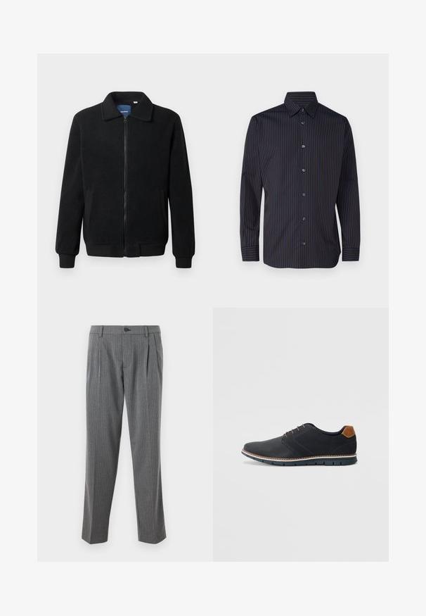 Czarna polarowa kurtka z zamkiem błyskawicznym, stójką, ściągaczami przy mankietach oraz bocznymi kieszeniami o teksturowanej powierzchni.; Granatowa koszula w pionowe brązowe paski, z długimi rękawami, kołnierzykiem zapinanym na guziki oraz sześcioma guzikami z przodu, charakteryzująca się gładką fakturą materiału.; Szare spodnie w prążki w prostym kroju, z zapięciem na guzik i dwoma fałdami z przodu, wykonane z dopasowanej tkaniny.; Czarne syntetyczne buty z fakturowaną cholewką, gładkimi akcentami, brązowym obcasem i kontrastującą podeszwą. Charakteryzują się minimalnym sznurowaniem i detalami w szwach.