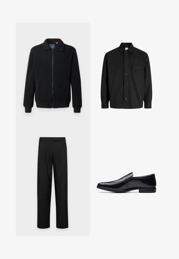 Musta fleece-takki, jossa on vetoketjulla suljettavat, pystykaulus, ribbireunat ja sivutaskut, joissa on teksturoitu pinta.; Mustapaita, jossa on pitkät hihat, napitus, kaulus ja yksi rintatasku nappisuljennalla.; Mustat housut, jotka on valmistettu sileästä kankaasta, suoran lahkeen muotoilulla, kahdella etupleekillä ja tavanomaisella vyötäröllä, jossa on vyölenkit.; Musta nahkainen liukuva kengät, jossa on terävä kärki, kiillotettu pinta, hienovaraiset ompelu yksityiskohdat ja matala kumipohja.