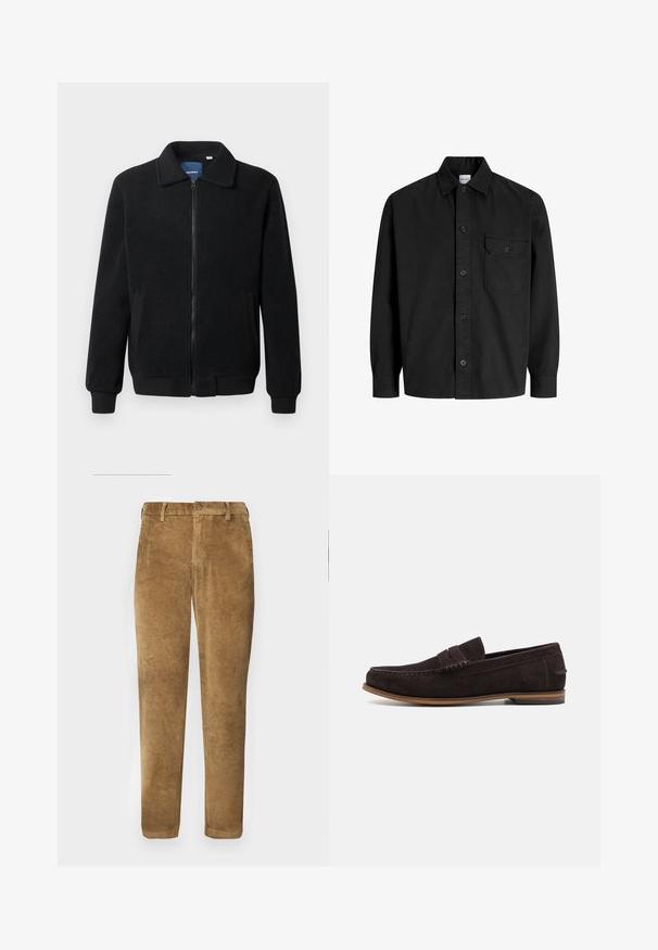 Musternahk fleece-jakk musternahaga, tõmblukk, seisev kaelus, soonikkoes varrukad ja küljetaskud tekstuurse pinnaga.; Must mustaheline nööbiga särgid, millel on krae ja üks rinna tasku, millel on nööbiga klapp.; Pruunid korduroy püksid vertikaalse ribakonstruktsiooniga, sirge lõikega, nööbiga kinnitamine ja vöörihmadega. Sile kangas pehme viimistlusega.; Tumedat pruuni suede lemmikud ümmarguse varba, tekstuurse ülemise osa ja heledast pruunist kummist tallaga. Omab dekoratiivset rihma üle jalatalla.