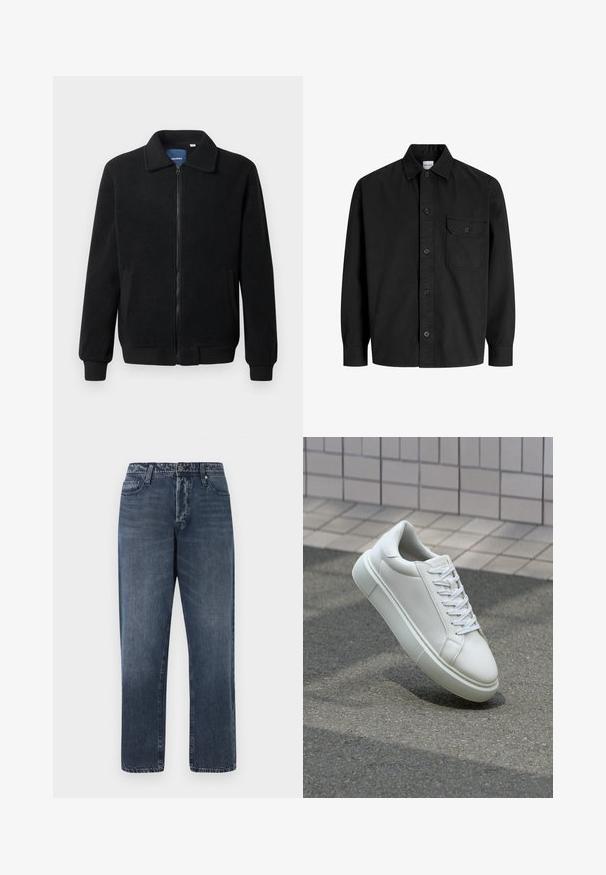 Svart fleecjacka med dragkedja, ståkrage, ribbade muddar och sidofickor med texturerad yta.; Svart långärmad skjorta med knappar, krage och en enda bröstficka med knäppt klaff.; Jack & Jones JJIEDDIE JJORIGINAL - Baggy jeans - blue denim; Vit lädersneaker med en slät yta, rund tå och platta vita snören. Har en texturerad gummisula och minimalistiska designelement.
