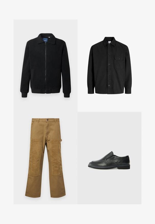 Musternahk fleece-jakk musternahaga, tõmblukk, seisev kaelus, soonikkoes varrukad ja küljetaskud tekstuurse pinnaga.; Must mustaheline nööbiga särgid, millel on krae ja üks rinna tasku, millel on nööbiga klapp.; Prantsud, mis on valmistatud pruuni puuvillast, kontrastsete ribatud kangast plaastritega, sirge lõikega, viie tasku ja nööbiga sulgemine.; Must musta laia suuga king, millel on sile ülemine osa, õmmeldud detailid, ümmargune nina ja madal kummist konts. Tallal on minimaalne mustr.