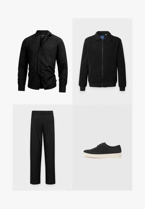 Svart fleece jakke med glidelås, høy krage, ribbestrikkede mansjetter og sidelommer med strukturert overflate.; Svart knapp-up skjorte laget av bomull, med brystlomme, spiss krage, lange ermer og rett nederkant. Glatt tekstur uten mønstre.; Sorte bukser laget av glatt stoff, med rette ben, to frontfoldninger og standard liv med beltehemper.; Sorte svinedersko med snøring og rund tå, lett kremfarget såle og subtile blå broderi detaljer på overdelen.