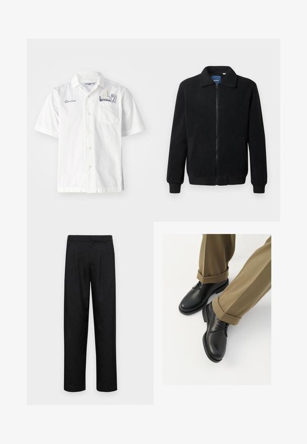 Melnā vilnas jaka ar rāvējslēdzēju, stāvošu apkakli, ribotām piedurknēm un sānu kabatām ar teksturētu virsmu.; Balto kokvilnas krekls ar īsām piedurknēm, ar krūšu kabatu un izšūtu ziedu dizainu ar traukiem. Priekšpusē ir izšuvums ar vārdu "Terrice".; Melnas bikses, izgatavotas no gludas auduma, ar taisnu kāju dizainu, divām priekšējām krokām un standarta jostu, kurai ir āķi.; Melnas ādas kleita apavi ar gludu virsmu, ar auklēm un noapaļotu purngalu, apvienoti ar sarullētām kaķi biksēm.