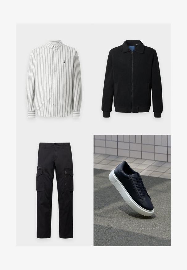 Veste en polaire noire avec fermeture éclair, col montant, poignets côtelés et poches latérales avec une surface texturée.; Chemise à boutons avec des rayures verticales grises et blanches. Manches longues, col standard et un petit logo sur la poitrine gauche. Matériau en coton.; Pantalons cargo noirs avec plusieurs poches, une poche zippée sur la cuisse, coupe droite et tissu en coton résistant avec un léger éclat.; Baskets noires en cuir avec bout arrondi et semelle en caoutchouc blanc. Elles présentent des lacets plats et une couture minimale sur la tige. Semelle texturée pour une bonne adhérence.