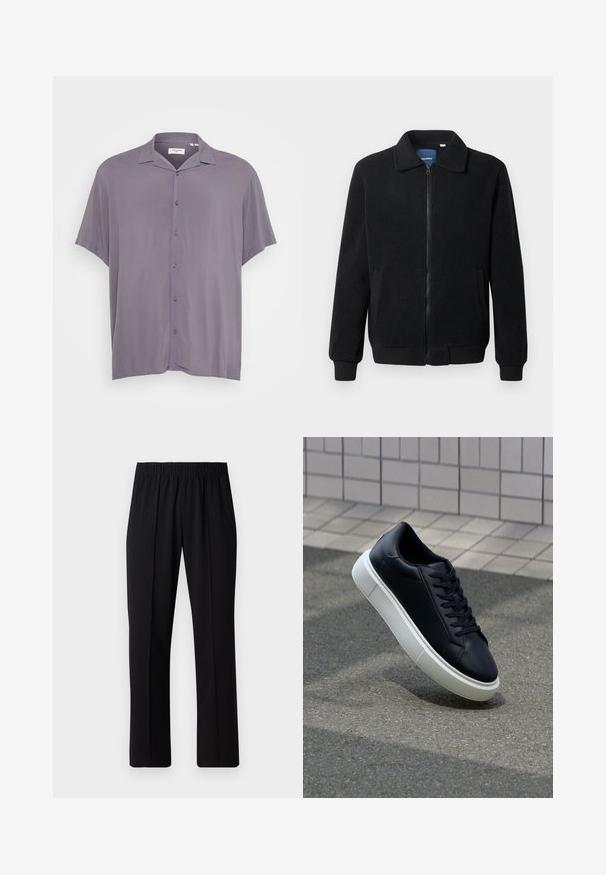 Zwarte fleece jas met een ritssluiting, staande kraag, ribgebreide manchetten en zijzakken met een textuur.; Korte mouwen, knoopsluiting overhemd van lichtgrijze stof. Bevat een klassieke kraag, een relaxte pasvorm en een gladde textuur zonder patronen of accenten.; Zwarte, elastische broek met rechte pijpen, met een gladde textuur en zonder zichtbare patronen of hardware.; Zwarte leren sneaker met een ronde neus en een witte rubberen zool. Voorzien van platte veters en minimale stiksels op het bovenwerk. Textuurrijke zool voor grip.