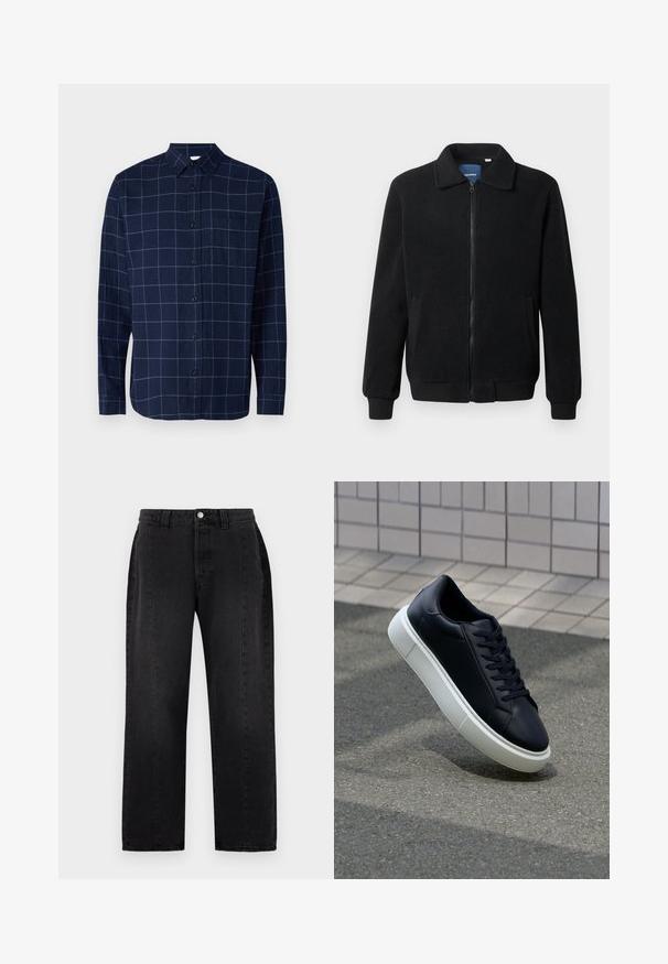 Črna flis jakna z zadrgo, stoječim ovratnikom, rebrastimi zapestji in stranskimi žepi s teksturirano površino.; Srajca temno modre barve s karirastim vzorcem in svetlo modrimi črtami, dolge rokave, ovratnik in žep na prsih.; Črne jean hlače s ravnim krojem. Imajo gumbasto zapiranje, zanke za pas in dva stranska žepa. Gladka tekstura, brez vidnih vzorcev.; Črne usnjene superge z zaobljenim prstom in belim gumijastim podplat. Imajo ravne vezalke in minimalno šivanje na zgornjem delu. Teksturirani podplat za oprijem.