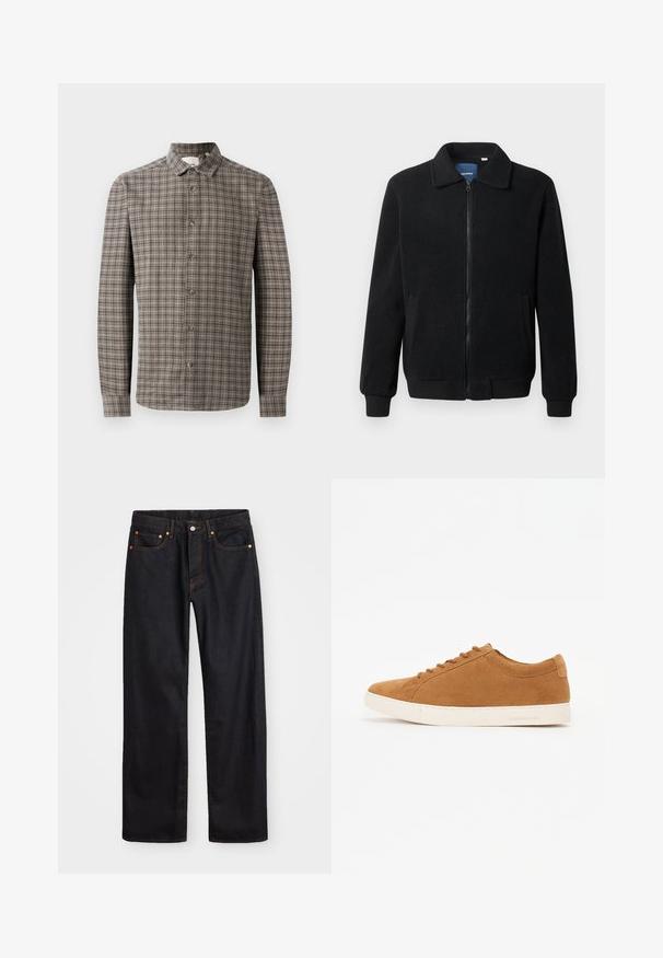 Čierna flísová bunda s uzáverom na zips, stojatým golierom, rebrovanými manžetami a bočnými vreckami s textúrovaným povrchom.; Košeľa s dlhým rukávom v hnedo-šedej kárované vzore, s klasickým golierom a zapínaním na gombíky vpredu.; Pánske rovné čierne riflové nohavice s piatimi vreckami a oranžovým prešívaním, s gombíkom a zipsom na prednom páse.; Hnedé semišové tenisky s nízkym dizajnom, bielou gumovou podrážkou a okrúhlou špičkou. Obsahuje zladené šnúrky a minimálne značenie na päte.