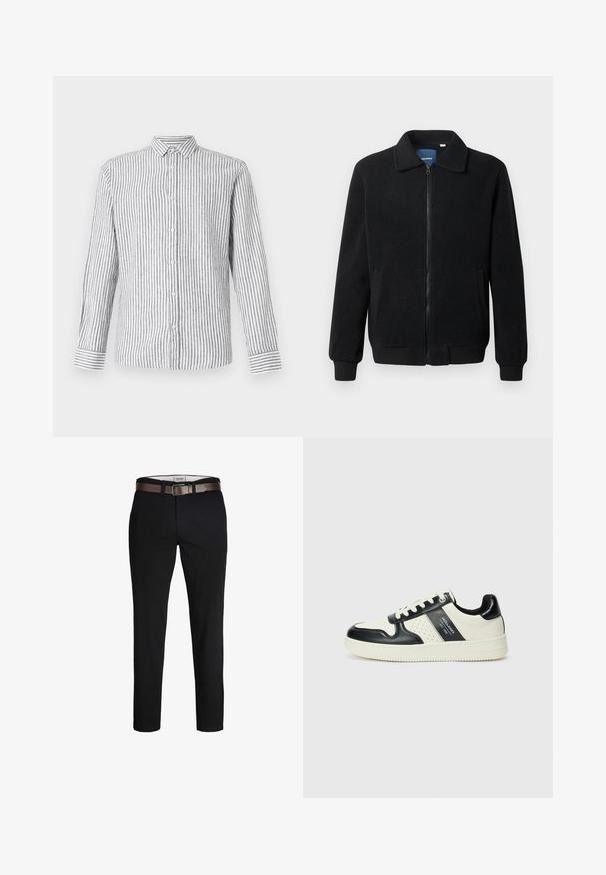 Black fleece jacket featuring a zip closure, stand collar, ribbed cuffs, and side pockets with a textured surface.; Long-sleeve button-up shirt in light gray with white vertical stripes. Features a classic collar and cuffs with a striped pattern.; Black cotton trousers with a straight fit, featuring a brown leather belt and a smooth texture. Simple design, no visible patterns or accents.; Leather sneakers with a black and cream color scheme, featuring perforated accents, a padded collar, and a textured outsole.