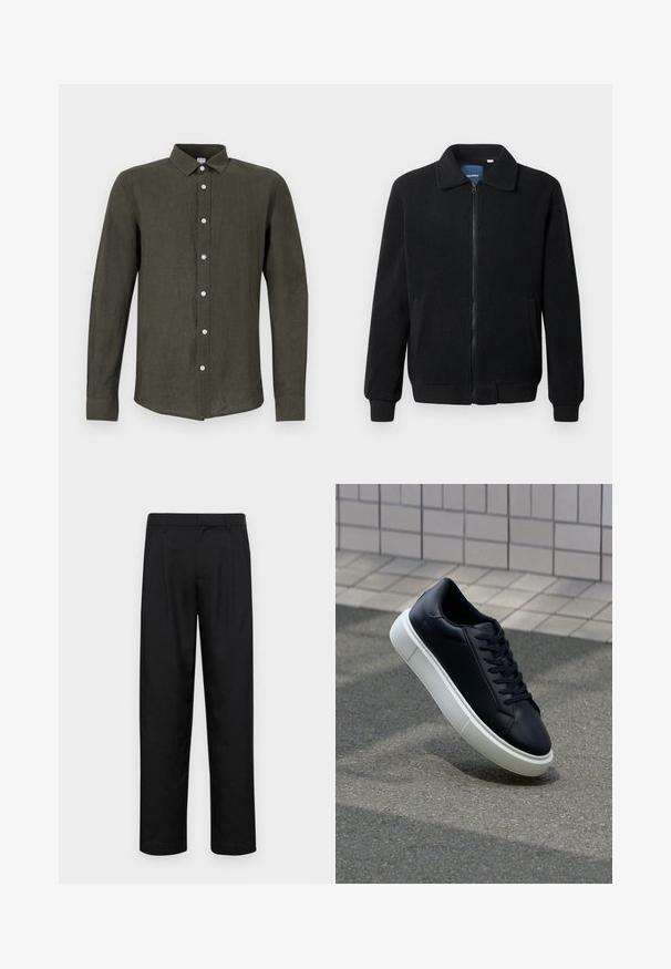 Melnā vilnas jaka ar rāvējslēdzēju, stāvošu apkakli, ribotām piedurknēm un sānu kabatām ar teksturētu virsmu.; Tumši zaļš garām piedurknēm krekls, kas izgatavots no lina. Tam ir pogājama priekšpuse ar gaišām pogām un apkakle, lai radītu strukturētu izskatu.; Melnas bikses, izgatavotas no gludas auduma, ar taisnu kāju dizainu, divām priekšējām krokām un standarta jostu, kurai ir āķi.; Melnas ādas kedas ar noapaļotu pirkstu un baltu gumijas zoli. Iespējas - plakanas šņorītes un minimāla apdare augšdaļā. Struktūrēta zole, lai nodrošinātu saķeri.