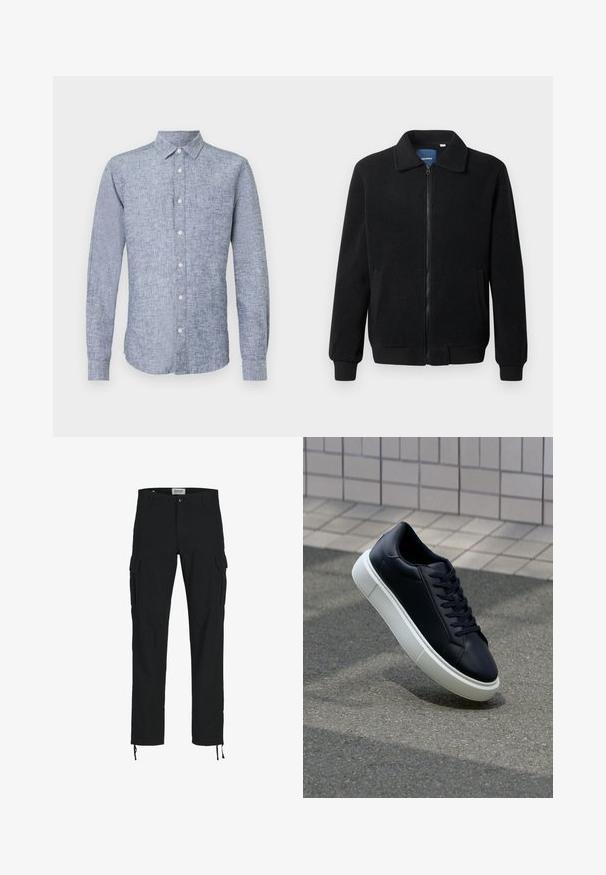 Čierna flísová bunda s uzáverom na zips, stojatým golierom, rebrovanými manžetami a bočnými vreckami s textúrovaným povrchom.; Modrá ľanová košeľa s dlhým rukávom a golierom na gombíky, s textúrovanou látkou a zakriveným lemom. Päť predných gombíkov v jednom rade.; Čierne cargo nohavice so striha s priamym strihom, s bočnými vreckami, zapínaním na gombík a elastickými šnúrkami na členkoch. Vyrobené z odolnej tkaniny.; Čierne kožené tenisky s okrúhlou špičkou a bielou gumovou podrážkou. Majú ploché šnúrky a minimálne šitie na vrchu. Textúrovaná podrážka pre lepšiu priľnavosť.