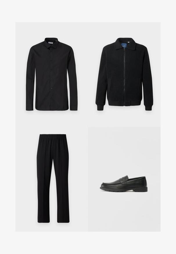 Čierna flísová bunda s uzáverom na zips, stojatým golierom, rebrovanými manžetami a bočnými vreckami s textúrovaným povrchom.; Čierna košeľa s dlhým rukávom a klasickým golierom, vyrobená z hladkej tkaniny, s prednými gombíkmi a štandardným strihom.; Čierne nohavice s elastickým pásom a rovnými nohavicami, majú hladkú textúru a žiadne viditeľné vzory ani kovové doplnky.; Čierne kožené mokasíny s hladkým povrchom, vrchnou časťou v štýle mokasín, prešitým detailom a gumovou podrážkou. Klasický dizajn s nízkym podpätkom.