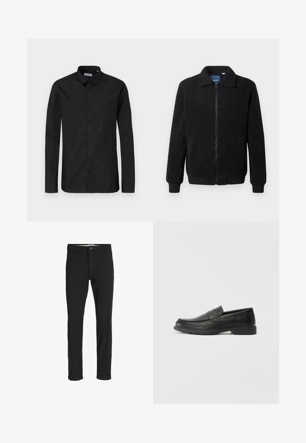Čierna flísová bunda s uzáverom na zips, stojatým golierom, rebrovanými manžetami a bočnými vreckami s textúrovaným povrchom.; Čierna košeľa s dlhým rukávom a klasickým golierom, vyrobená z hladkej tkaniny, s prednými gombíkmi a štandardným strihom.; Čierne nohavice z bavlneného zmesi so štíhlym strihom, s gombíkovým zapínaním, vreckami a založenými manžetami pre ležérny vzhľad.; Čierne kožené mokasíny s hladkým povrchom, vrchnou časťou v štýle mokasín, prešitým detailom a gumovou podrážkou. Klasický dizajn s nízkym podpätkom.