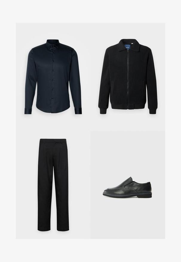 Zwarte fleece jas met een ritssluiting, staande kraag, ribgebreide manchetten en zijzakken met een textuur.; Lindbergh PLAIN - Overhemd - navy; Zwarte broeken van gladde stof, met een recht model, twee voorknikken en een standaard tailleband met riemlussen.; Zwarte leren instapper met een soepele bovenkant, gestikte accenten, ronde neus en een lage rubberen hak. De zool heeft minimale profiel.